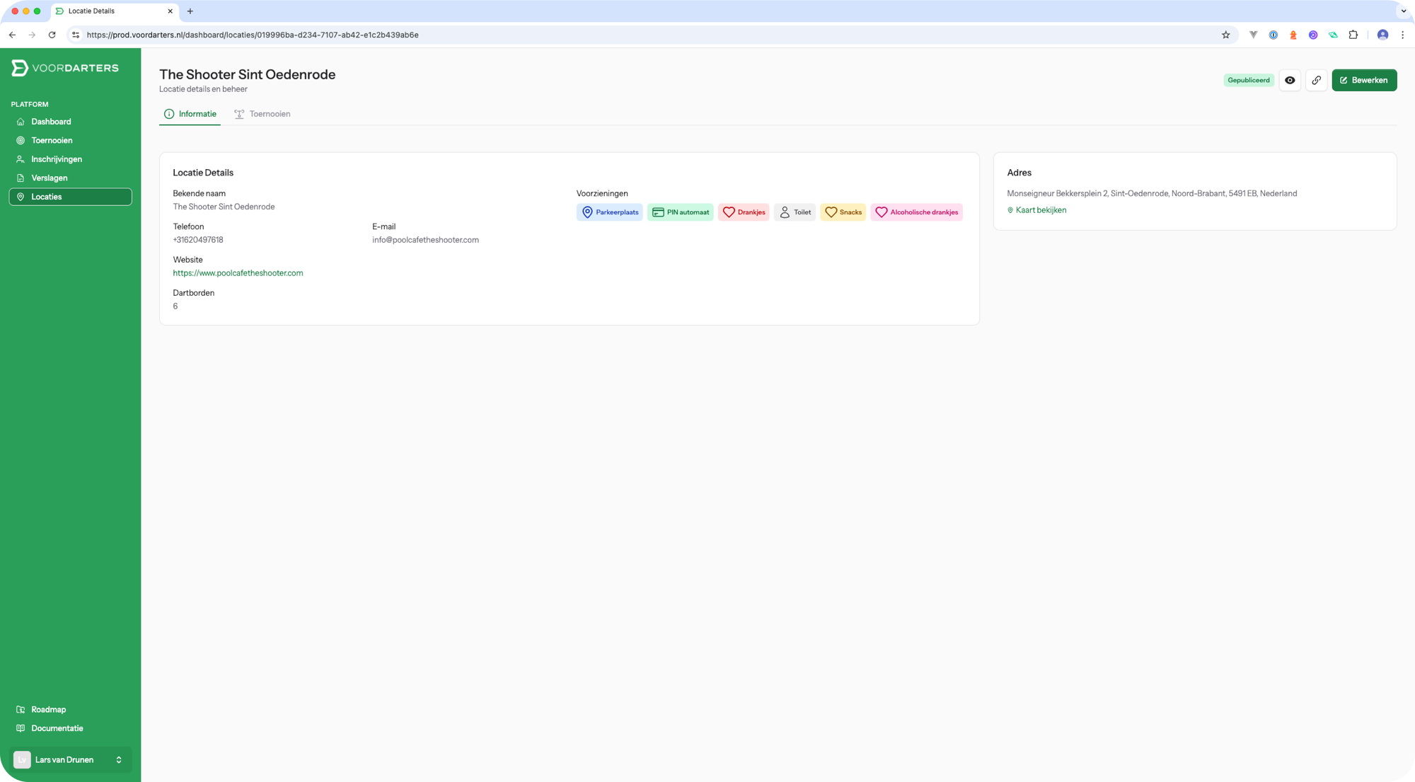 Location dashboard screenshot showing venue management interface